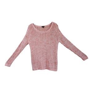 TALBOTS Women Petite S SP Sweater Peach White Long Sleeve Open Weave Cotton 36"